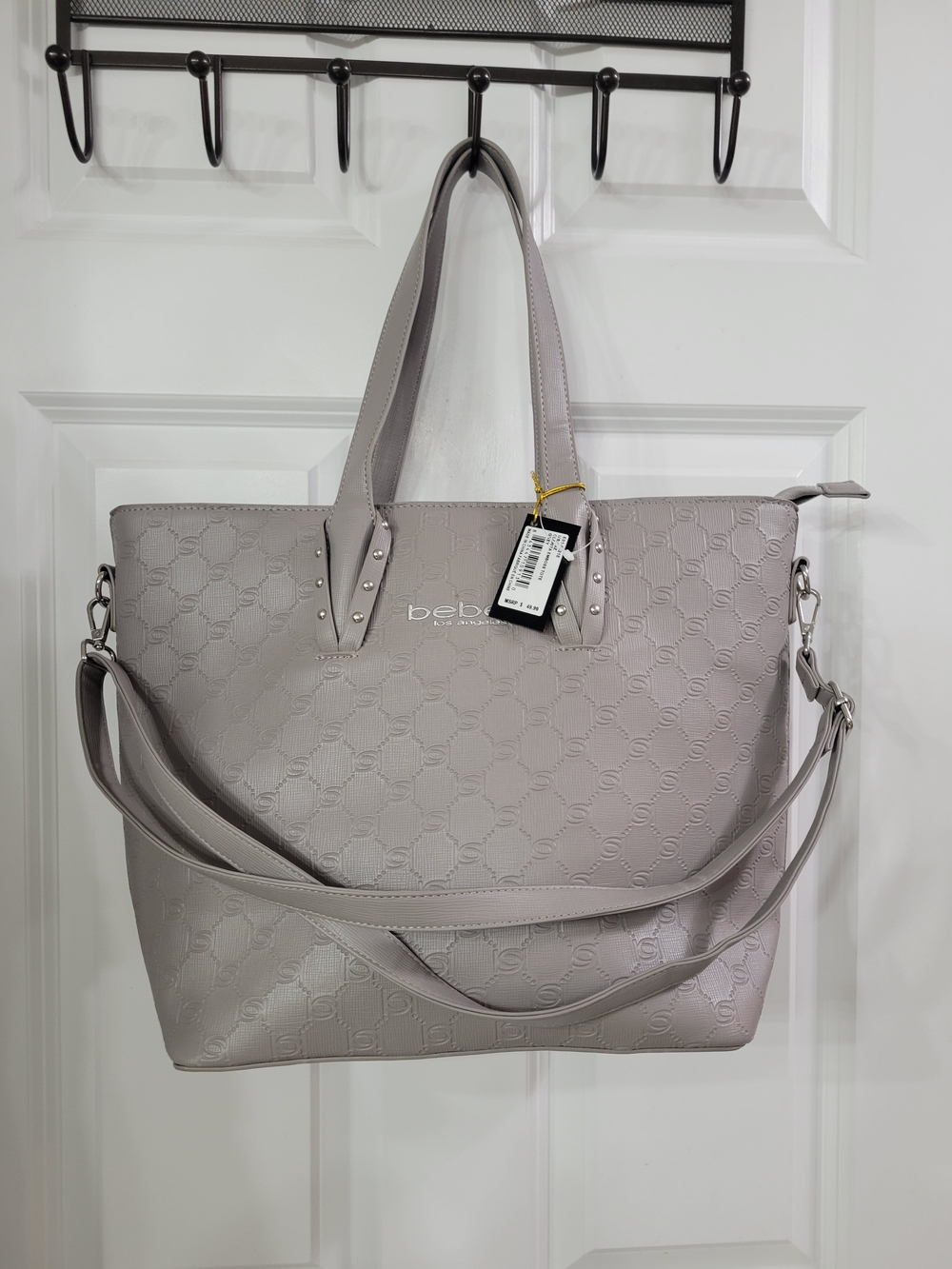 bebe Embossed Signature Tote in Light Gray